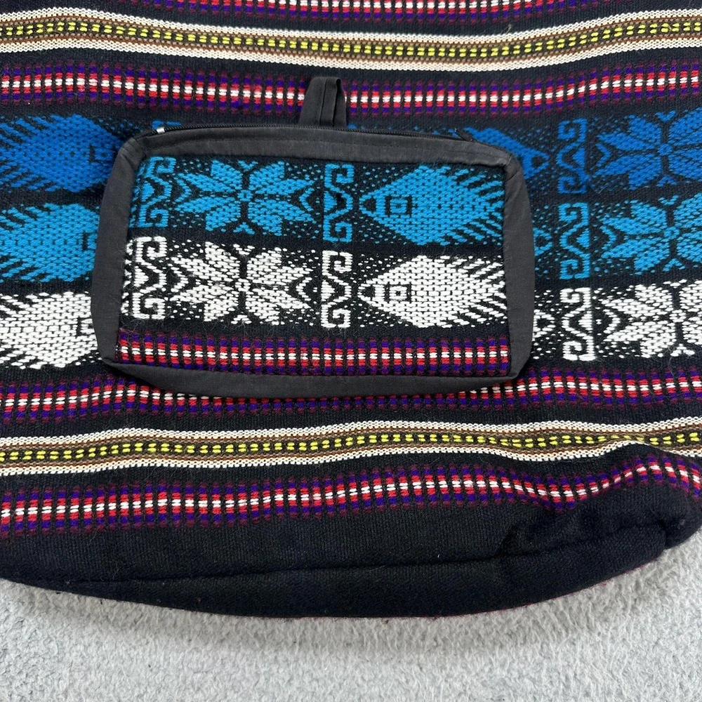 Boho Woven Tribal Aztec Backpack Blue Black Tassel Lined Front Zip Pocket Hippie